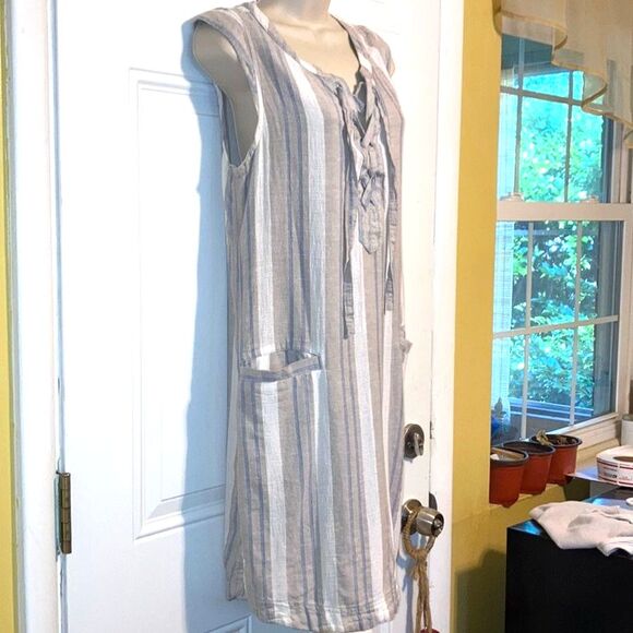 COLUMBIA Linen Coverup Beige Blue White Striped Hemp Cotton Dress Womens XS - Picture 2 of 10